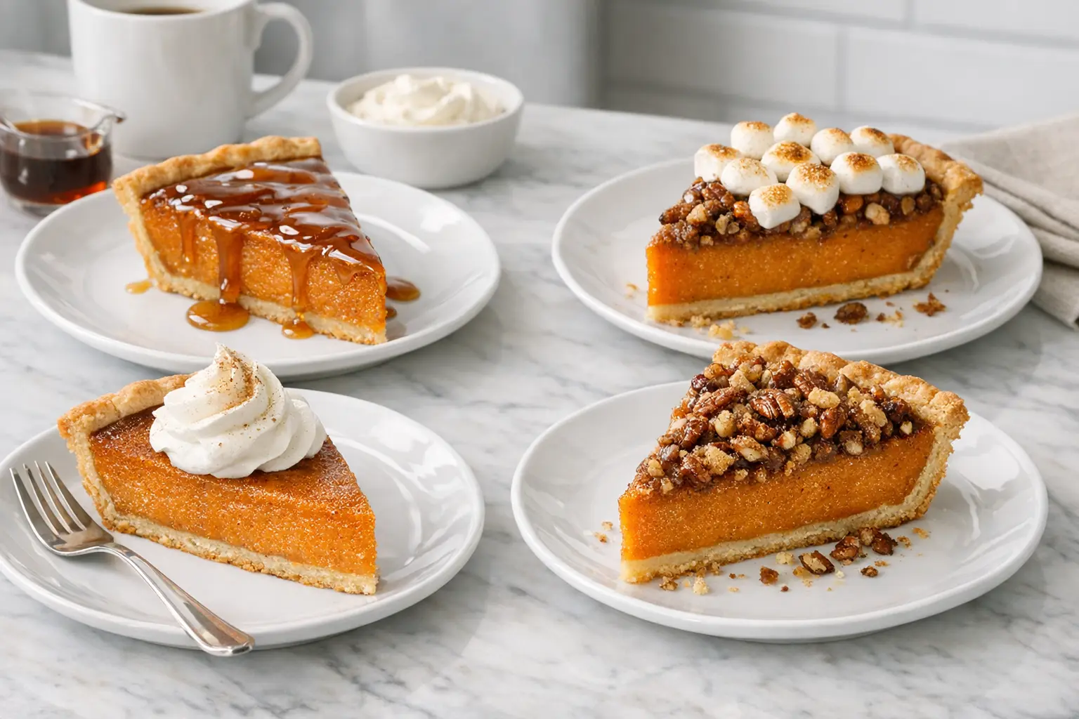 Sweet Potato Pie Stücke mit verschiedenen Toppings und Glasuren