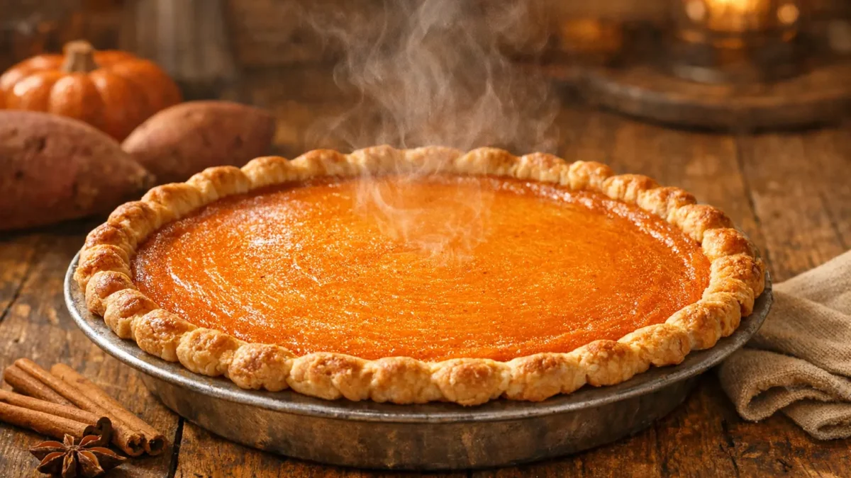 Sweet Potato Pie mit cremiger Süßkartoffelfüllung auf Holztisch