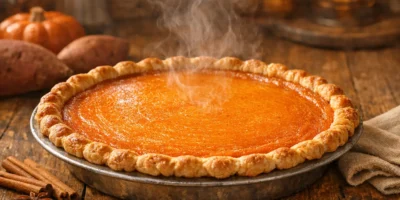 Sweet Potato Pie mit cremiger Süßkartoffelfüllung auf Holztisch