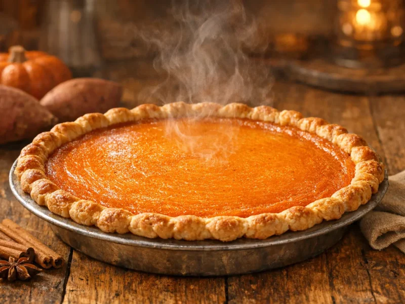 Sweet Potato Pie mit cremiger Süßkartoffelfüllung auf Holztisch