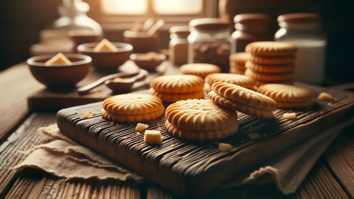 Shortbread Gebäck auf Holzbrett mit Butter und Zucker
