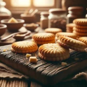 Shortbread Gebäck auf Holzbrett mit Butter und Zucker