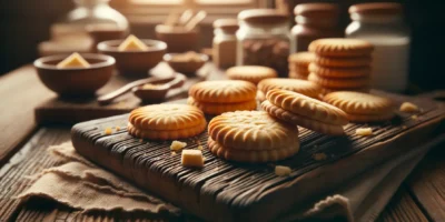Shortbread Gebäck auf Holzbrett mit Butter und Zucker