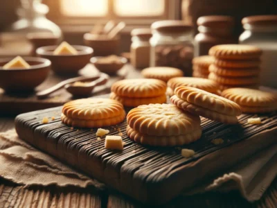 Shortbread Gebäck auf Holzbrett mit Butter und Zucker