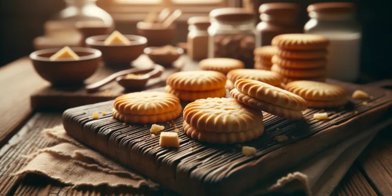 Shortbread Gebäck auf Holzbrett mit Butter und Zucker