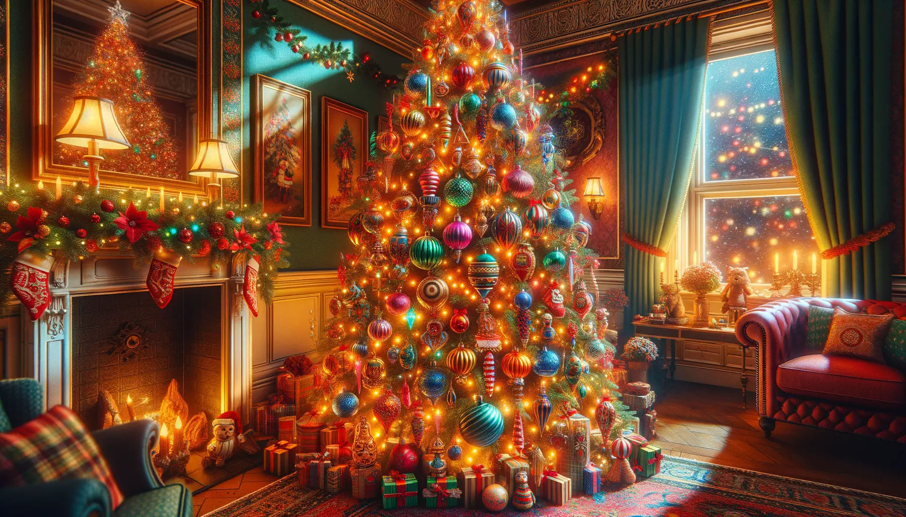 Christmas Tree Weihnachtsfeiertage USA 2025 mit Lichterketten und Schmuck