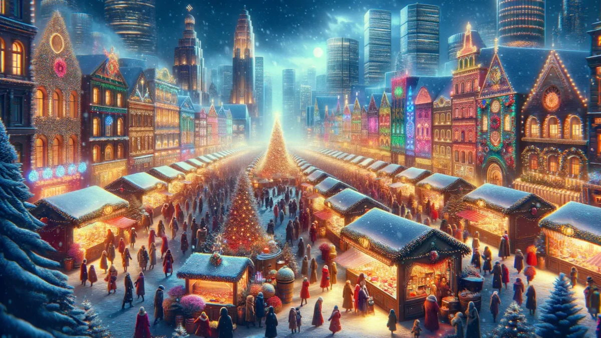 Weihnachtsmärkte in New York bei Nacht, festliche Beleuchtung, Winter 2025