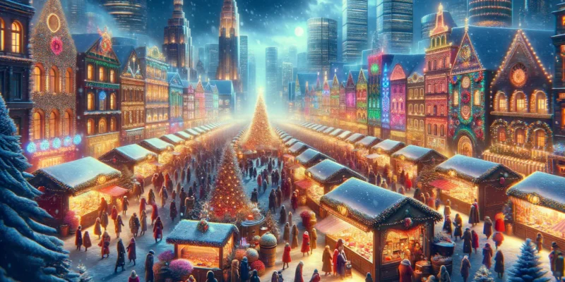 Weihnachtsmärkte in New York bei Nacht, festliche Beleuchtung, Winter 2025