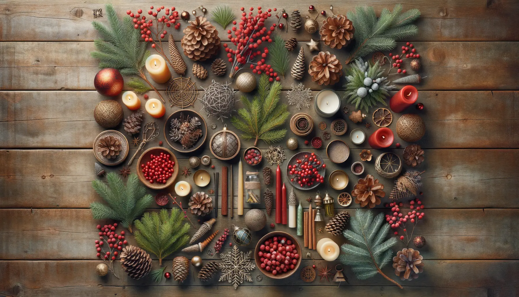 Winter Tischdeko Materialien mit Zweigen, Beeren, Zapfen und Kerzen für festliche Tischgestaltung 2025