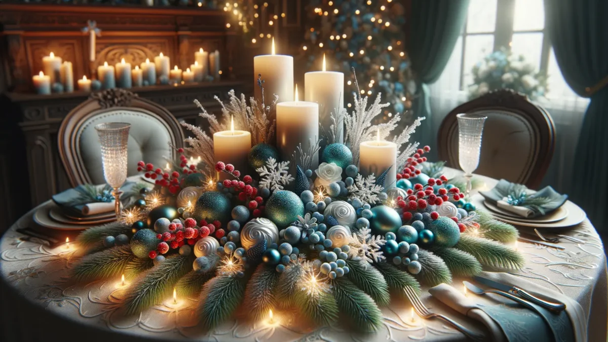 Winter Tischdeko mit Kerzen, Zweigen und weihnachtlichen Dekorationen in Blau Weiß 2025
