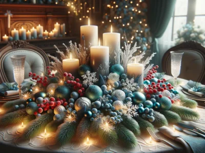 Winter Tischdeko mit Kerzen, Zweigen und weihnachtlichen Dekorationen in Blau Weiß 2025