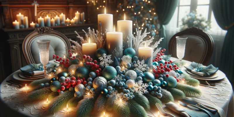 Winter Tischdeko mit Kerzen, Zweigen und weihnachtlichen Dekorationen in Blau Weiß 2025